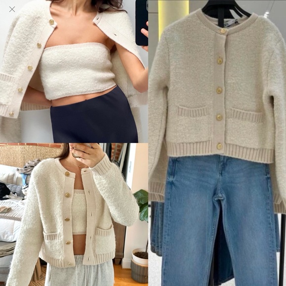 Zara Sweaters - Zara BOUCLE knit cardigan sweater and bandeau set small ecru fuzzy teddy gold
